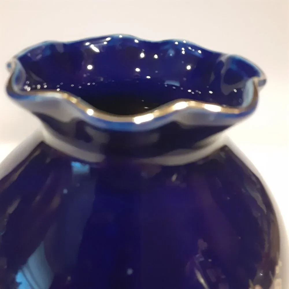 Asian Cobalt Blue Floral Vase Decorative 6.25